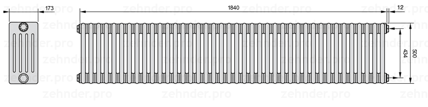 Схема (чертеж) Радиатор Zehnder Charleston 5050/40 №7610 Белый глянцевый RAL 9016